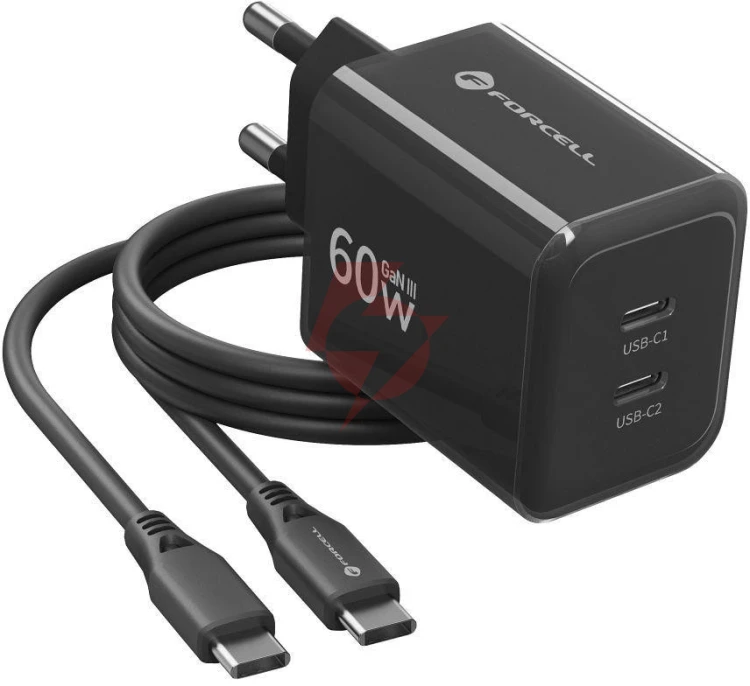 Ładowarka sieciowa forcell f-energy gan iii vt-60 60w pd qc 4.0+ 2x usb-c czarna + kabel usb-c