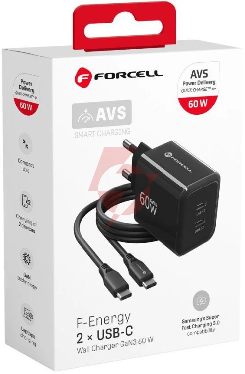 Ładowarka sieciowa forcell f-energy gan iii vt-60 60w pd qc 4.0+ 2x usb-c czarna + kabel usb-c