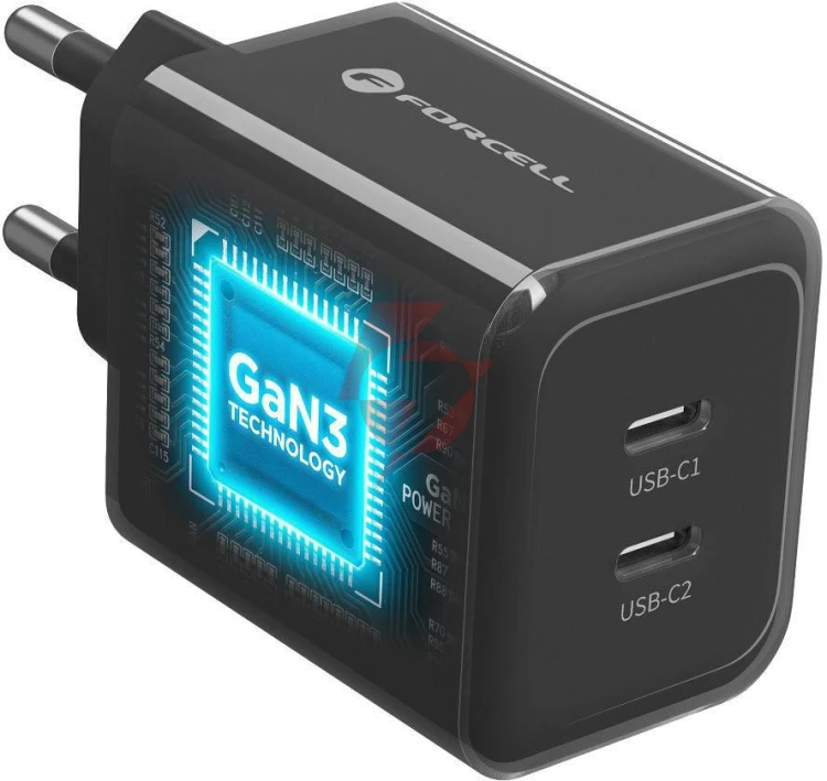 Ładowarka sieciowa forcell f-energy gan iii vt-60 60w pd qc 4.0+ 2x usb-c czarna + kabel usb-c