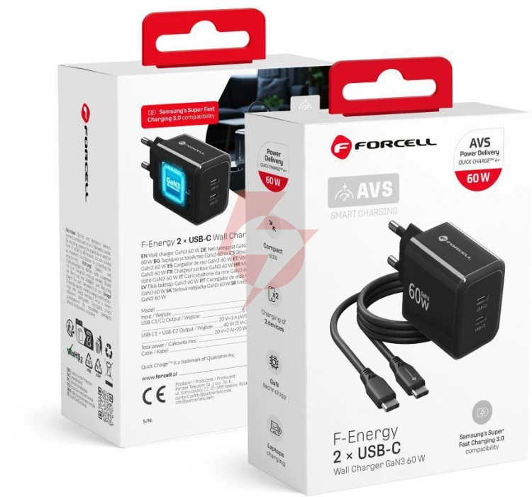 Ładowarka sieciowa forcell f-energy gan iii vt-60 60w pd qc 4.0+ 2x usb-c czarna + kabel usb-c