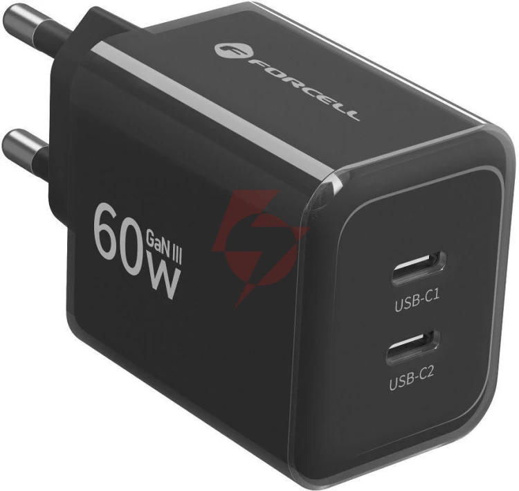 Ładowarka sieciowa forcell f-energy gan iii vt-60 60w pd qc 4.0+ 2x usb-c czarna + kabel usb-c