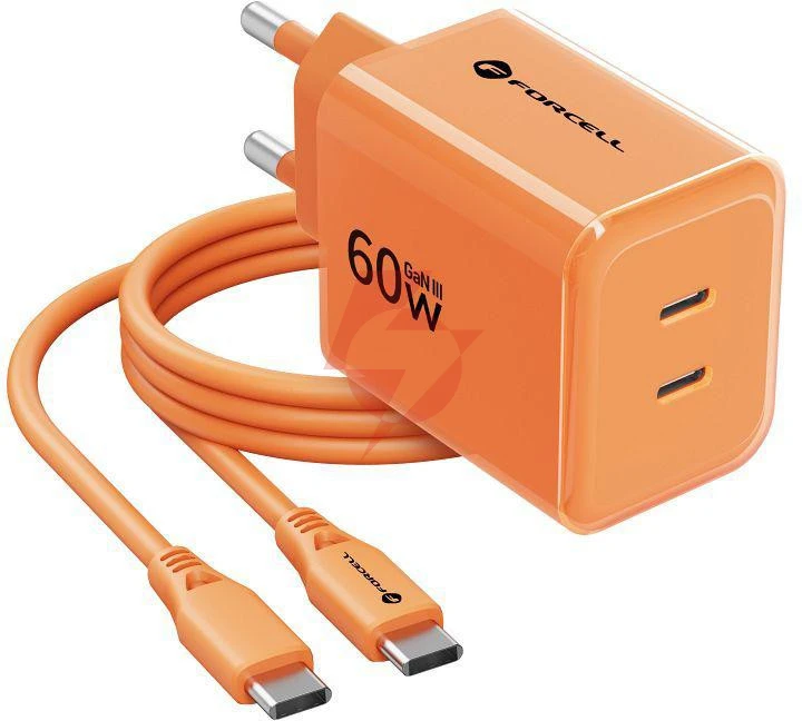 Ładowarka sieciowa forcell f-energy gan iii vt-60 60w pd qc 4.0+ 2x usb-c pomarańczowa + kabel usb-c