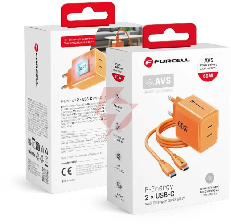 Ładowarka sieciowa forcell f-energy gan iii vt-60 60w pd qc 4.0+ 2x usb-c pomarańczowa + kabel usb-c