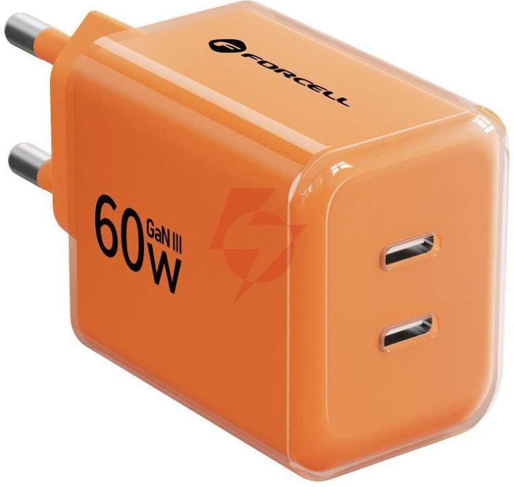 Ładowarka sieciowa forcell f-energy gan iii vt-60 60w pd qc 4.0+ 2x usb-c pomarańczowa + kabel usb-c
