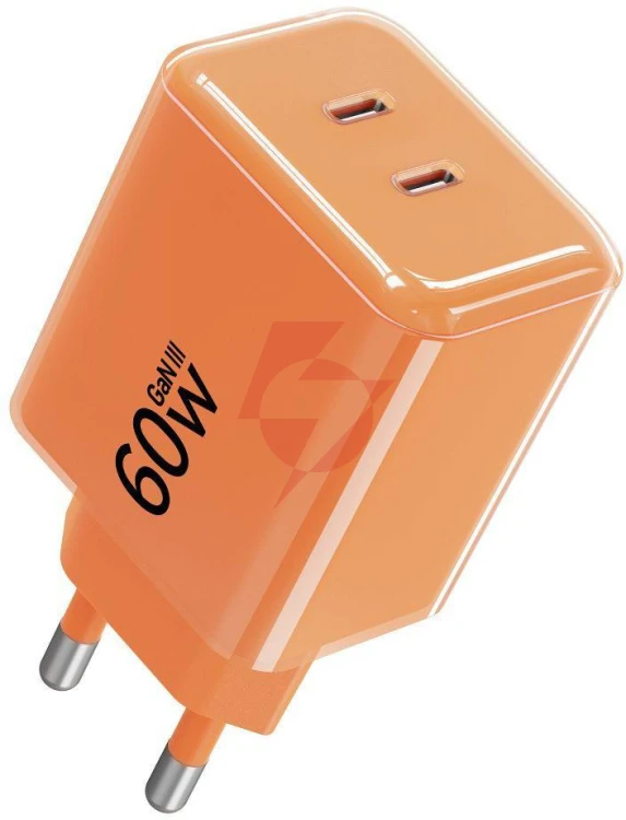 Ładowarka sieciowa forcell f-energy gan iii vt-60 60w pd qc 4.0+ 2x usb-c pomarańczowa + kabel usb-c