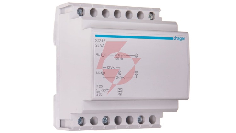 Transformator bezpieczeństwa modułowy 230/12-24V AC 1,04-2,08A 25VA IP20 ST312