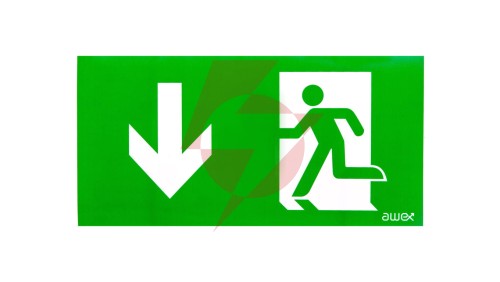 Piktogram PS26 125x250 strzałka dół człowiek w drzwiach logo awex (ISO7010)