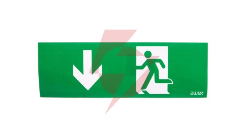 Piktogram PM26 100x300 strzałka dół człowiek w drzwiach logo awex (ISO7010)