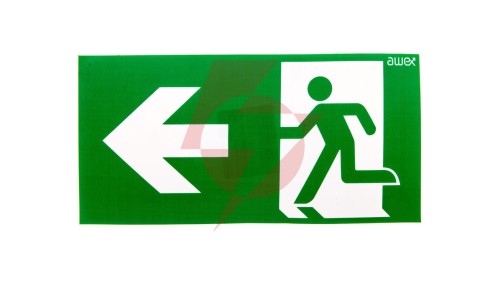 Piktogram PS24 125x250 strzałka lewo człowiek w drzwiach logo awex (ISO7010)