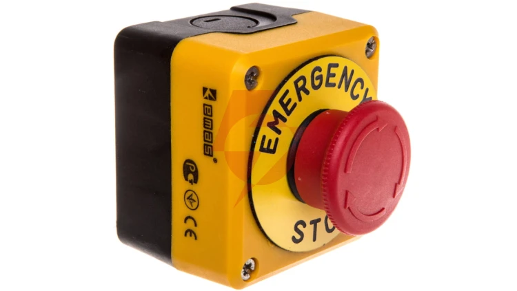 Kaseta sterownicza czarno-żółta stop bezpieczeństwa, ryglowany 40 mm (1NC) z tabliczką opisową Emergency Stop, T0-P1EC400E40K