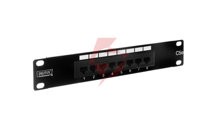 Patch panel kompletny 10cali 8x RJ45 U/UTP kat. 5e 1U czarny (RAL 9005) DN-91508U