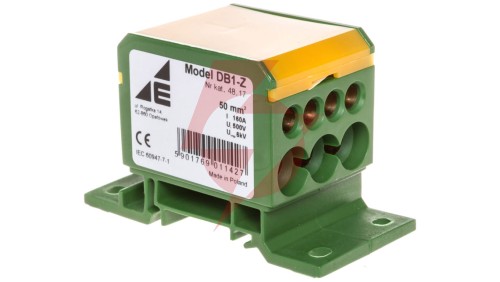 Blok rozdzielczy 2x4-50mm2/3x2,5-25mm2/4x2,5-16mm2 żółto-zielony montaz płaski i na szynie TH DB1-Z 48.17