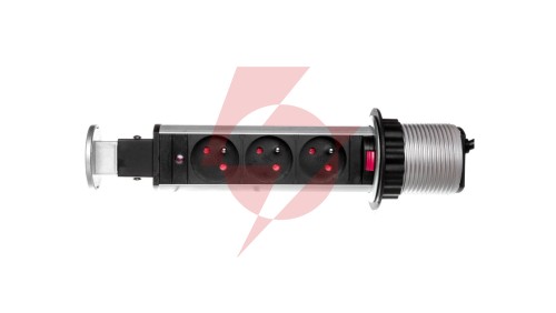 Gniazdo meblowe fi6cm, 3x250V AC wysuwane z blatu z blokadą i przewodem 1,8m srebrne OR-AE-1347