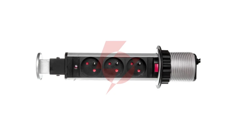Gniazdo meblowe fi6cm, 3x250V AC wysuwane z blatu z blokadą i przewodem 1,8m srebrne OR-AE-1347