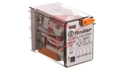 Przekaźnik miniaturowy 4P 7A 230V AC, przycisk testujący, LED, mechaniczny wskaźnik zadziałania 55.34.8.230.0054