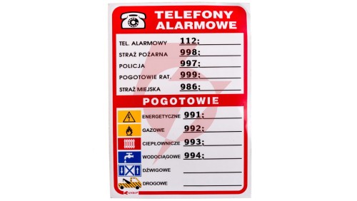 Samoprzylepna tabliczka ostrzegawcza /Telefony alarmowe 210x150/ 93/210X150/F
