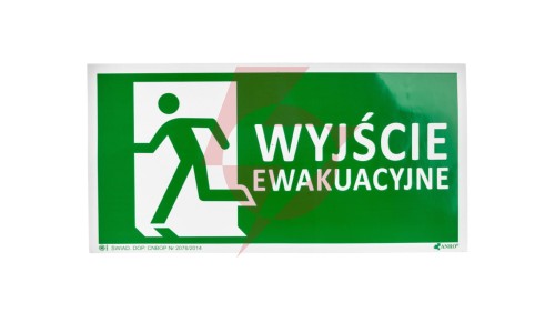 Samoprzylepna tabliczka ostrzegawcza /Znak Wyjście ewakuacyjne + znak e001, 150x300mm, FS nadruk foto/ IE/001/5/A/FS/WYJŚ