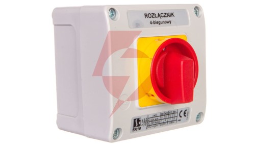 Łącznik krzywkowy 10A rozłącznik 0-1 4P w obudowie OB11 z czołem zamykanym żółto/czerwonym SK10-2.8210\OB11ZC