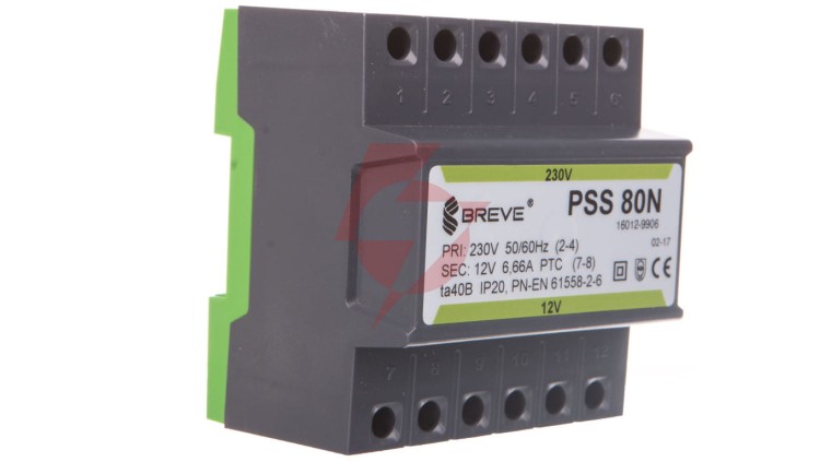 Transformator 1-fazowy modułowy bezpieczeństwa PSS 80N 230/ 12V 6,6A, na szynę DIN, IP20, Ta 40, 16012-9906