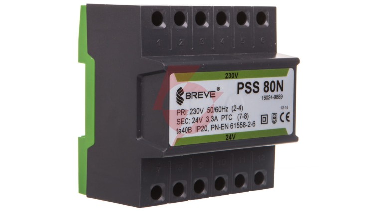 Transformator 1-fazowy modułowy bezpieczeństwa PSS 80N 230/ 24V 3,3A, na szynę DIN, IP20, Ta 40, 16024-9889
