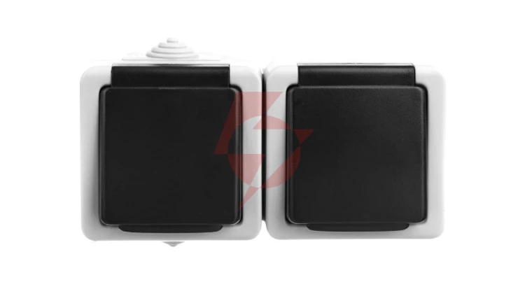 TEKNO Gniazdo hermetyczne podwójne 2x2P+0 z przesłoną styków 16A 250V szare IP54 25357