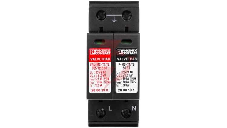 Ogranicznik przepięć Typ T1+T2 Typ T1+T2 12,5kA 1,2kV 240V AC VAL-MS-T1/T2 335/12.5/1+1 2800187
