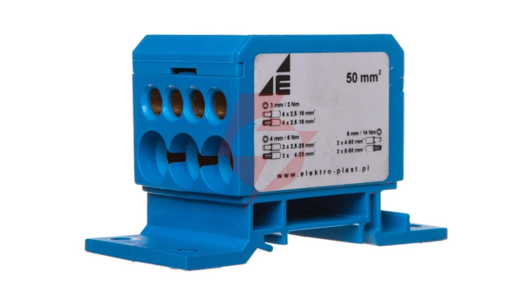 Blok rozdzielczy 2x4-50mm2/3x2,5-25mm2/4x2,5-16mm2 niebieski montaż płaski i na szynie TH DB1-N 48.11