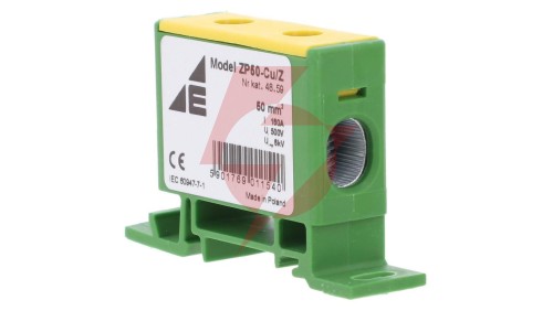 Blok rozdzielczy-odgałęźny 1-polowy CU 16-50mm2 żółto-zielony montaż płaski i na szynę TH ZP50 Cu / z 48.59