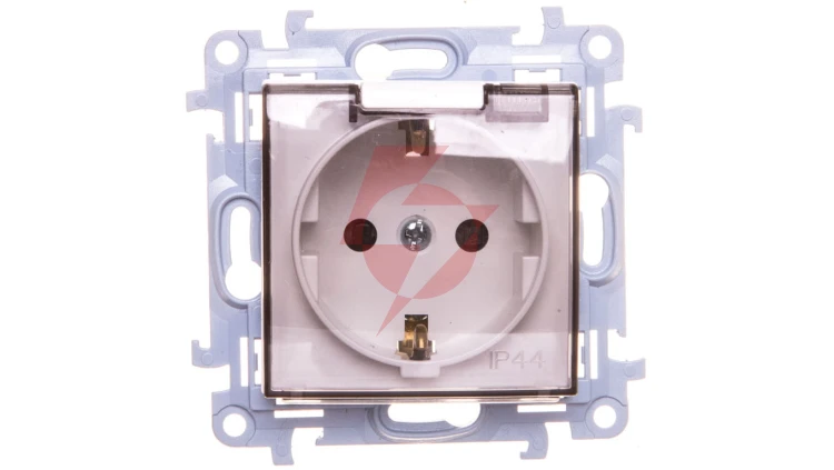 Simon 10 Gniazdo pojedyncze SCHUKO z uszczelką z przesłonami klapką trans. białe 16A 250V IP44 CGSZ1BZ.01/11A