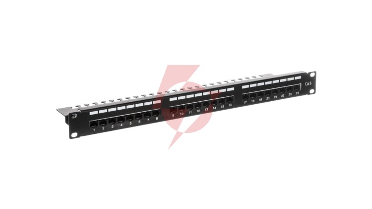 Patch panel kompletny 19 cali 24x RJ45 U/UTP kat. 6 1U z tacką czarny (RAL 9005) DN-91624U-EC