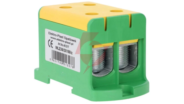 Blok rozdzielczy-odgałęźny 2x1-biegun AL/CU 35-150mm2 żółto-zielony montaż płaski i na szynę TH WLZ35/2x150/z 48.217