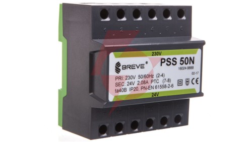 Transformator 1-fazowy modułowy bezpieczeństwa PSS 50N 230/ 24V 2,1A, na szynę DIN, IP20, Ta 40, 16024-9888