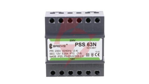 Transformator 1-fazowy modułowy bezpieczeństwa PSS 63N 230/ 12V 5,25A, na szynę DIN, IP20, Ta 40, 16012-9907