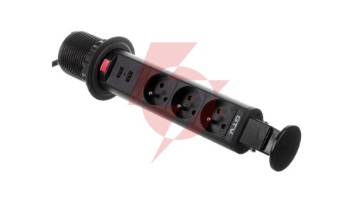 Biurkowy przedłużacz wpuszczany fi 60mm czarny 3x gniazdo z uziemieniem 2xUSB 2,1A 5V AE-BPW3U60U-20