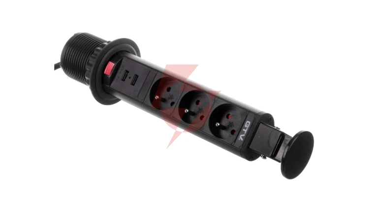 Biurkowy przedłużacz wpuszczany fi 60mm czarny 3x gniazdo z uziemieniem 2xUSB 2,1A 5V AE-BPW3U60U-20