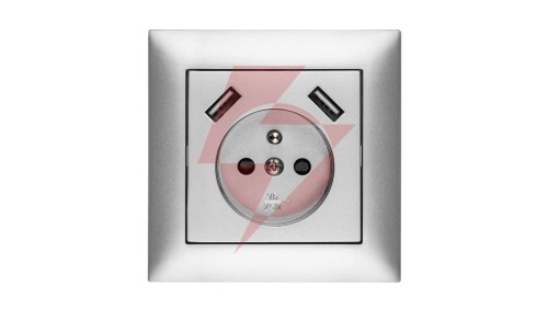Sentia Gniazdo pojedyncze z/u 16A z USB 2x2,1A 5VDC z przesłonami i ramką srebrne GPT 2P+Z 2xUSB 1488-06