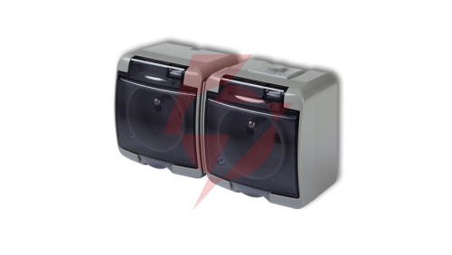 JUNIOR Gniazdo podwójne z/u (klapka dymna) popielaty IP54 10GHE-2d