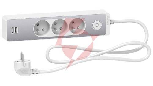 Odace Przedłużacz 3 gniazdowy z łącznikiem 2x USB, 1,5m biały+szczotkowane aluminium ST933U1WA