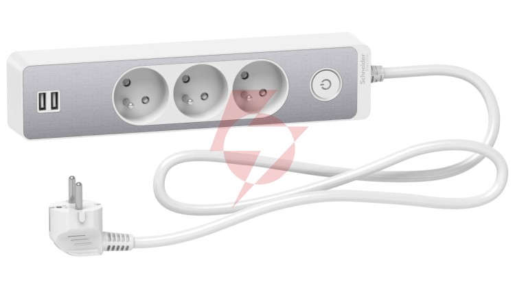 Odace Przedłużacz 3 gniazdowy z łącznikiem 2x USB, 1,5m biały+szczotkowane aluminium ST933U1WA
