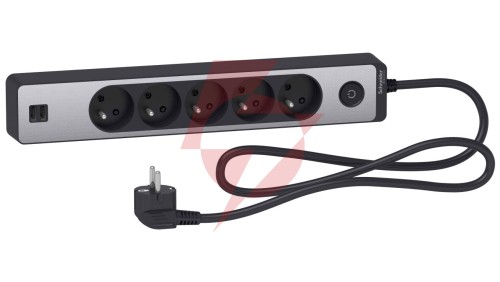 Odace Przedłużacz 5 gniazdowy z łącznikiem 2x USB, 1,5m antracyt+szczotkowane aluminium ST935U1BA