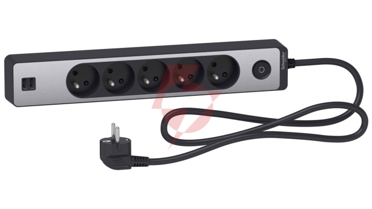 Odace Przedłużacz 5 gniazdowy z łącznikiem 2x USB, 1,5m antracyt+szczotkowane aluminium ST935U1BA
