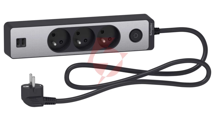 Odace Przedłużacz 3 gniazdowy z łącznikiem 2x USB, 1,5m antracyt+szczotkowane aluminium ST933U1BA