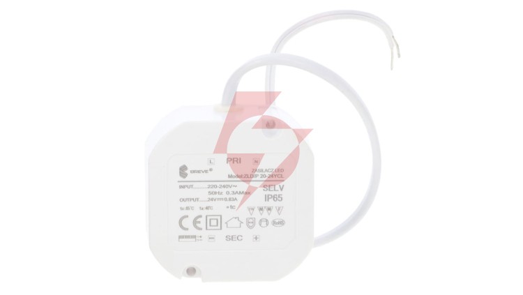 Zasilacz LED 24V DC 20W 0,83A IP65 /z zabezpieczeniami/ ZLDP 20-24YCL 19724-9020