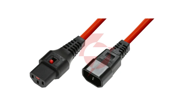 Kabel przedłużający zasilający z blokadą IEC LOCK 3x1mm2 C14/C13 prosty M/Ż 3m czerwony IEC-PC1387