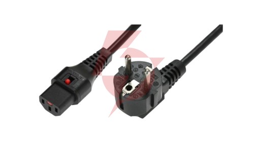 Kabel połączeniowy zasilający z blokadą IEC LOCK Schuko kątowy/C13 prosty M/Ż 1,5m czarny IEC-EL246S