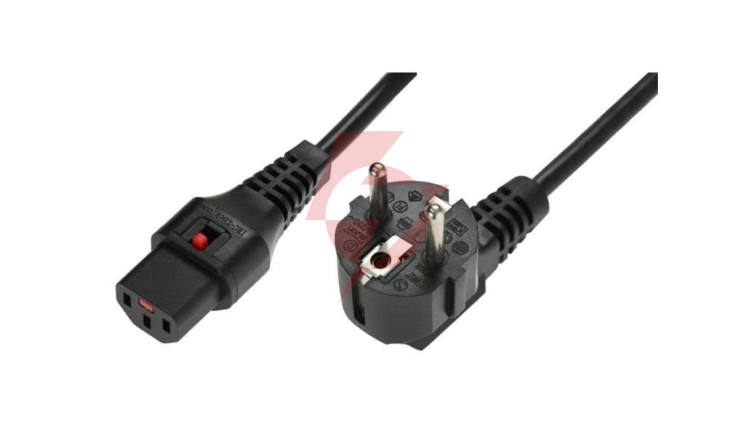 Kabel połączeniowy zasilający z blokadą IEC LOCK Schuko kątowy/C13 prosty M/Ż 1,5m czarny IEC-EL246S