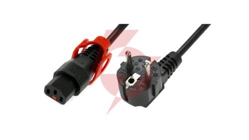 Kabel połączeniowy zasilający z blokadą IEC LOCK+ Schuko kątowy/C13 prosty M/Ż 2m czarny IEC-EL332S