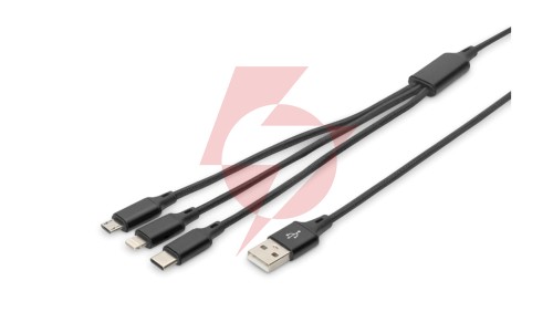 Kabel połączeniowy USB 3w1 Typ USB C + Lightning + micro USB B USB A M-M 10W nylon czarny 1m AK-300160-010-S