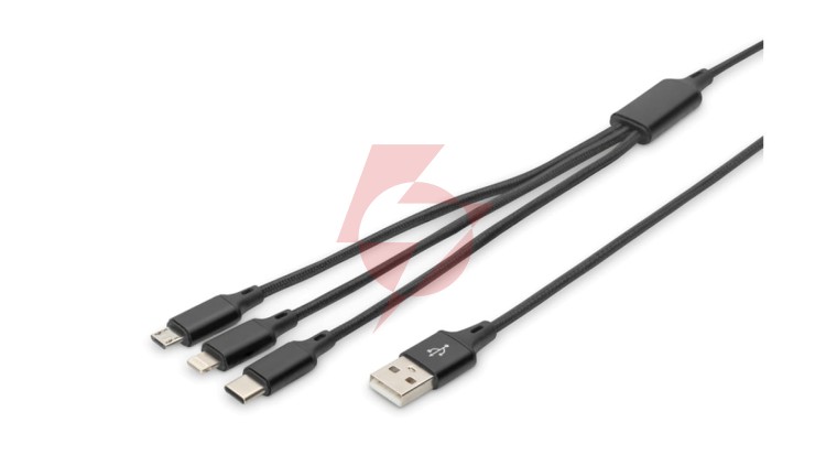 Kabel połączeniowy USB 3w1 Typ USB C + Lightning + micro USB B USB A M-M 10W nylon czarny 1m AK-300160-010-S