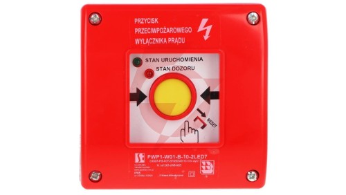 Ręczny przycisk przeciwpożarowego wyłącznika prądu PWP1 (1NO) z certyfikatem CNBOP - 2LED zielony/czerwony 230V